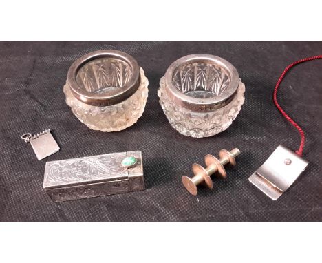 Various silver items to include 800 grade lip stick holder, 2 silver rimmed salt pots & silver money clasp