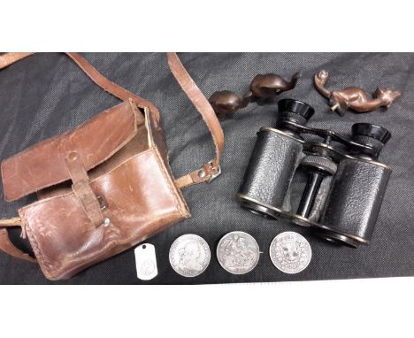 A selection of collectables to include antique coins dated 1887,1803 & 1871, together with binoculars & bronze dragon finial 