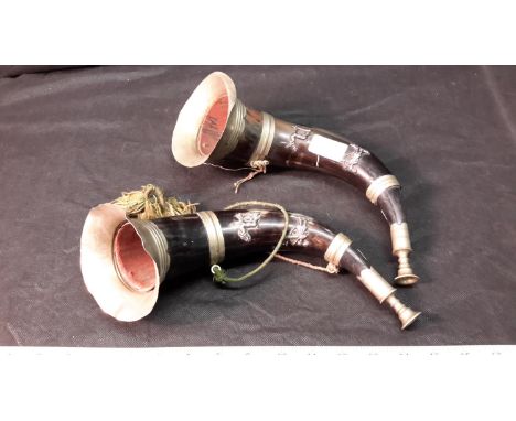 2 horn & white metal hunting horns 