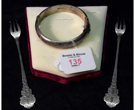 Birmingham silver bangle & 2 Birmingham silver pickle forks 