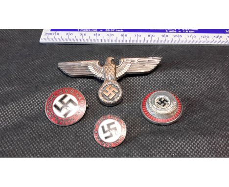 German Nazi cap badge, 2 enamel badges & helmet button 