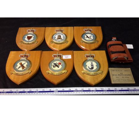 6 various Royal Air Force wall plaques, new golf hip flask & Dryburgh Abbey photographs 