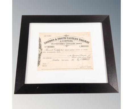 A framed London and North Eastern railway company share certificate dated 1937