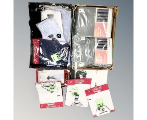 Two boxes of two Vestris anti cold curtains, Gent's shirts, Slazenger and Henry Lloyd polo shirts, new and tagged.