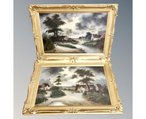A pair of R Keen antique oils on canvas depicting figures in a rural village in gilt frames 
