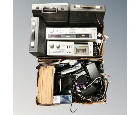 Two boxes of Sharp and Technics hifi seperates, cased manual typewriters, surrounds speakers, leads, mobile phones etc 