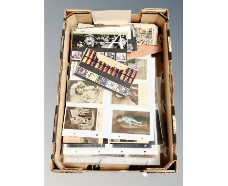 A box of 20th century celebrity, greetings and WW I postcards, First Day covers etc 