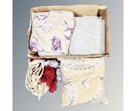 A  box of two pairs of lined curtains, 210 cm x 220 cm together with assorted tie backs and cushion 