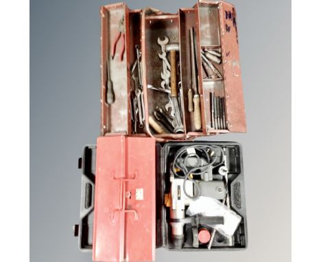A metal concertina tool box containing hand tools, further box and power-G cased electric hammer drill 