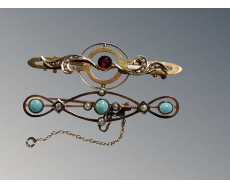 A ruby and seed pearl 9ct gold bar brooch together with a further opal and seed pearl 9ct gold bar brooch 