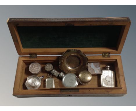 An Indian table box containing a collection of silver, Continental silver and silver plated snuff boxes, perfume bottles, dre