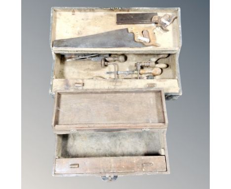 Two vintage joiner's tool boxes containing small quantity of hand tools 