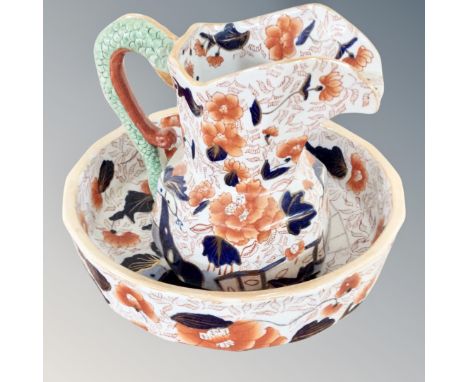 An Ironstone Imari pattern wash jug and basin 