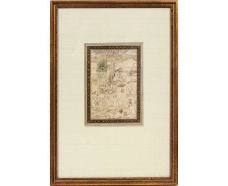 INDIAN MANUSCRIPT DRAWING ON PAPER, 8 1/4" X 5  3/4": Under glass, framed size 19" x 13".  