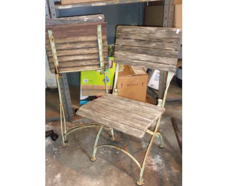 Pair of old folding iron and wood slatted garden chairs