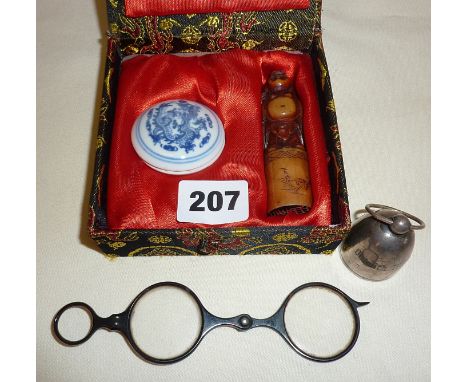 Antique tortoiseshell lorgnettes, hallmarked silver candle snuffer and a cased Chinese seal set