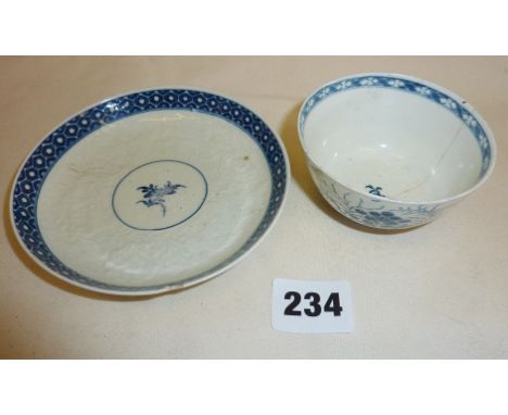 Worcester blue and white porcelain tea bowl and saucer with crescent marks under (A/F)