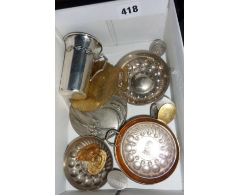 Five various tastevins, small Continental silver tankard, Art Nouveau circular hand mirror and other items