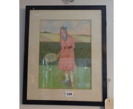 Primitive watercolour portrait of a girl tennis player by H. Jackson, 17" x 14" inc. frame