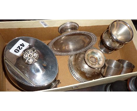 Silver plated oval tea caddy, two silver napkin rings, Sheffield 1912, two hallmarked silver bon bon dishes and two other sil