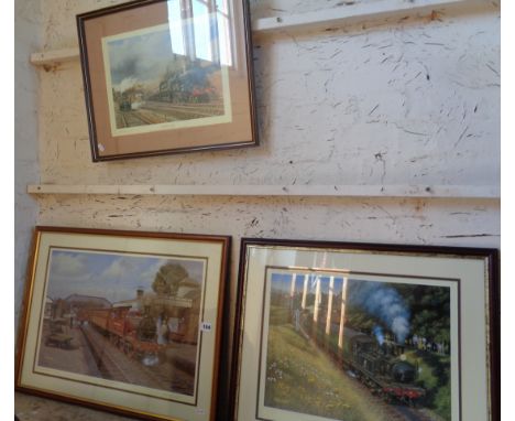 Three various colour prints of steam trains signed by B.J. Freeman