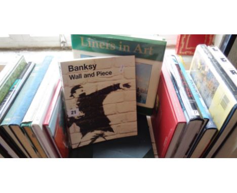 Shelf of assorted books, inc. 1st Edition of "Banksy - Wall and Piece", two Country Life books by Peter Scott, etc.