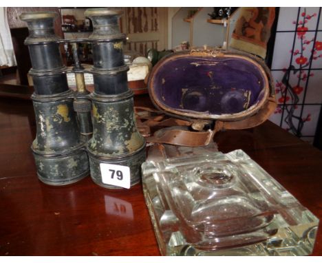 Early 20th c. triple drawer binoculars and a glass inkwell