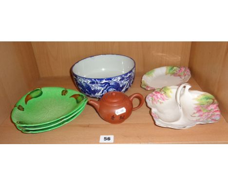 Chinese terracotta miniature teapot, three Carltonware cabbage leaf plates, Royal Doulton blue and white bowl and two Royal A