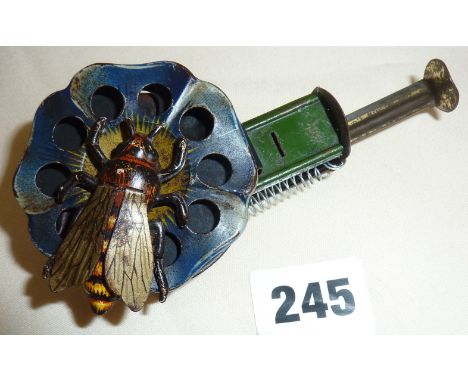 Early 20th c. tinplate mechanical buzzing bee on flower automaton, fully working, most likely German