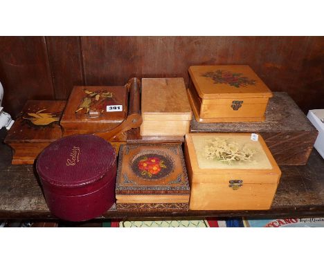 Vintage sewing and workboxes, some with cotton reel advertising labels inside lid - James Chadwick &amp; Bro, J. &amp; P. Coa