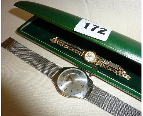 Vintage 18ct gold ladies 'Bucherer' watch in case and another man's contemporary Novus