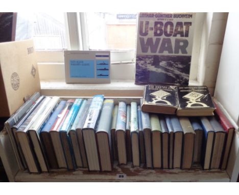 Good shelf of books on submarines, naval and sailing biographies, inc. 1st Editions, etc.