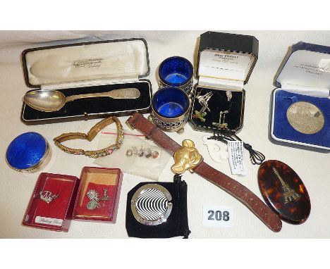 Hallmarked silver teaspoon, Jonathan Hayne, London 1828, silver charms, micro-mosaic bracelet, cufflinks, earrings, silver gu