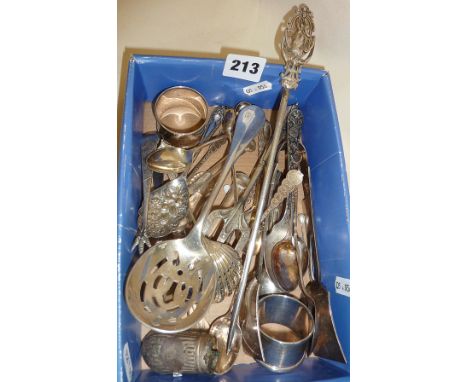 Two hallmarked silver napkin rings and sugar tongs, Christofle plated meat spike and ice cube spoon, (both A/F), Albany patte