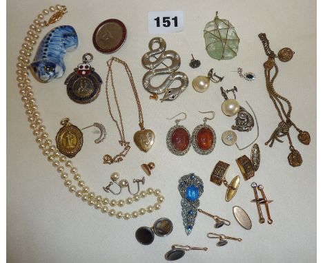 Vintage jewellery, some silver and gold. Inc. Chinese carved amber earrings, enamel badges, Krementz Studs, etc.