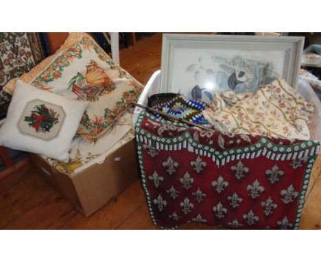 19th c. beadwork face screen with two crates of assorted textiles and curtains