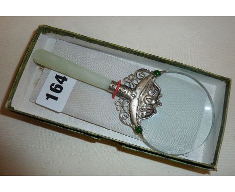 Vintage ornate Chinese silver magnifying glass, with jade handle
