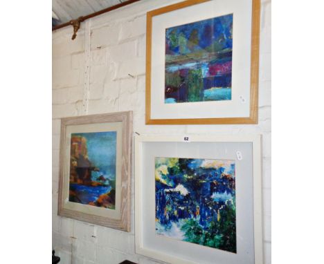 An original abstract acrylic painting and two colour abstract prints by Betty Hepworth, and a gouache landscape of St. Cather