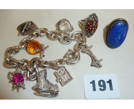 Vintage silver jewellery, chunky charm bracelet with charms and two rings set with stones