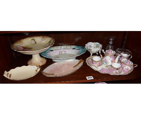 Child's porcelain miniature toy teaset on tray, Art Deco Carltonware dishes, a Victorian rose tazza and another pierced china