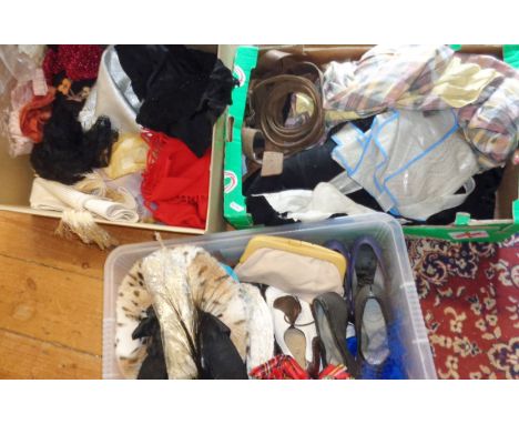 Three boxes of assorted vintage handbags, scarves, shoes and fabrics