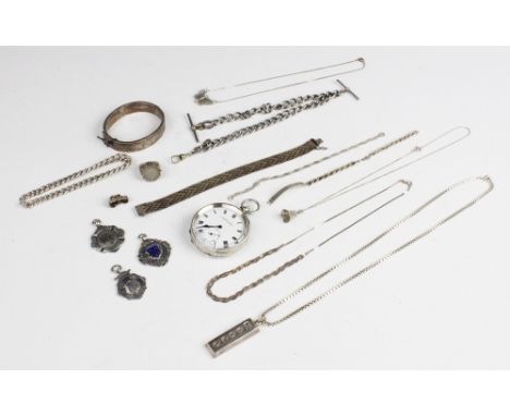 A selection of silver antique and modern jewellery and accessories, to include a George V open face silver pocket watch by H.