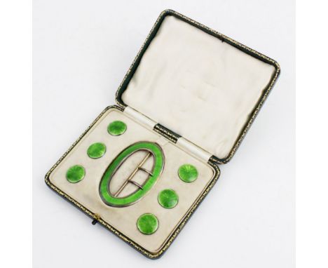 An Edwardian silver and green enamel belt buckle by Deakin & Francis, Birmingham 1910, 7.8cm x 5cm, together with six matchin