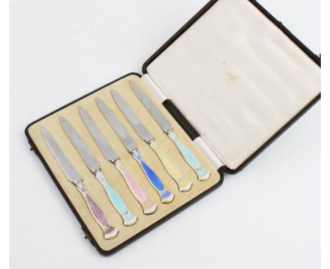 A boxed set of six Art Deco silver and enamel fruit knives by Turner & Simpson, Birmingham 1934, each with engine turned enam