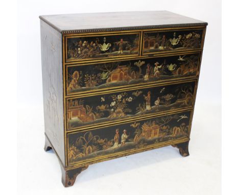 A 19th century and later noire chinoiserie chest of drawers, the top, sides and front adorned with gilt detail depicting figu