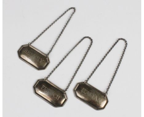 Three silver decanter labels by William Hutton & Sons, Sheffield 1922, one each for 'Sherry', 'Italian' and 'French', each of