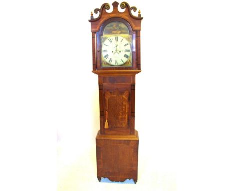 An early 19th century eight day mahogany longcase clock, the 34cm break arch painted dial, centred with a subsidiary second d