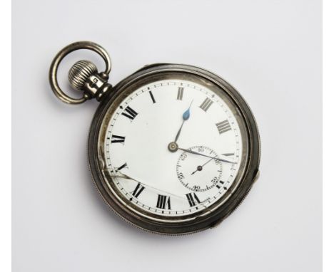A George V silver open face pocket watch, the round white enamel dial with black Roman numerals and subsidiary seconds dial t