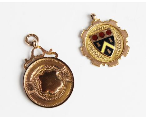 A 9ct gold and enamel football medallion, of circular form with shaped border, enamel Oldham crest to centre, inscription to 