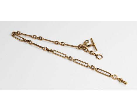 An 18ct gold figaro link watch chain, with two lobster claw fasteners and attached spring ring and T-bar link, each link stam